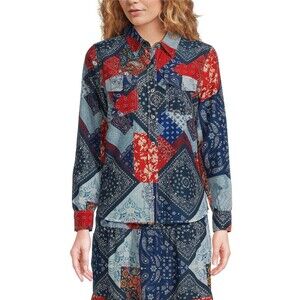 Reba American Button Up Down Shirt Size Medium Patchwork Bandana Mixed Print